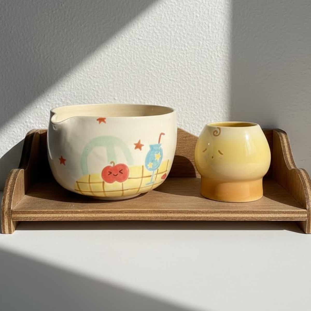 Handmade Cute Pudding & Cafe Ceramic Matcha Bowl Set | Kawaii Spouted Chawan & Whisk Holder • HX50