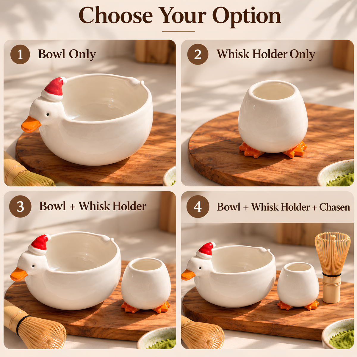 Goose Matcha Bowl Set, Handmade Ceramic Chawan with Spout & Whisk Holder, Cute Duck Tea Set