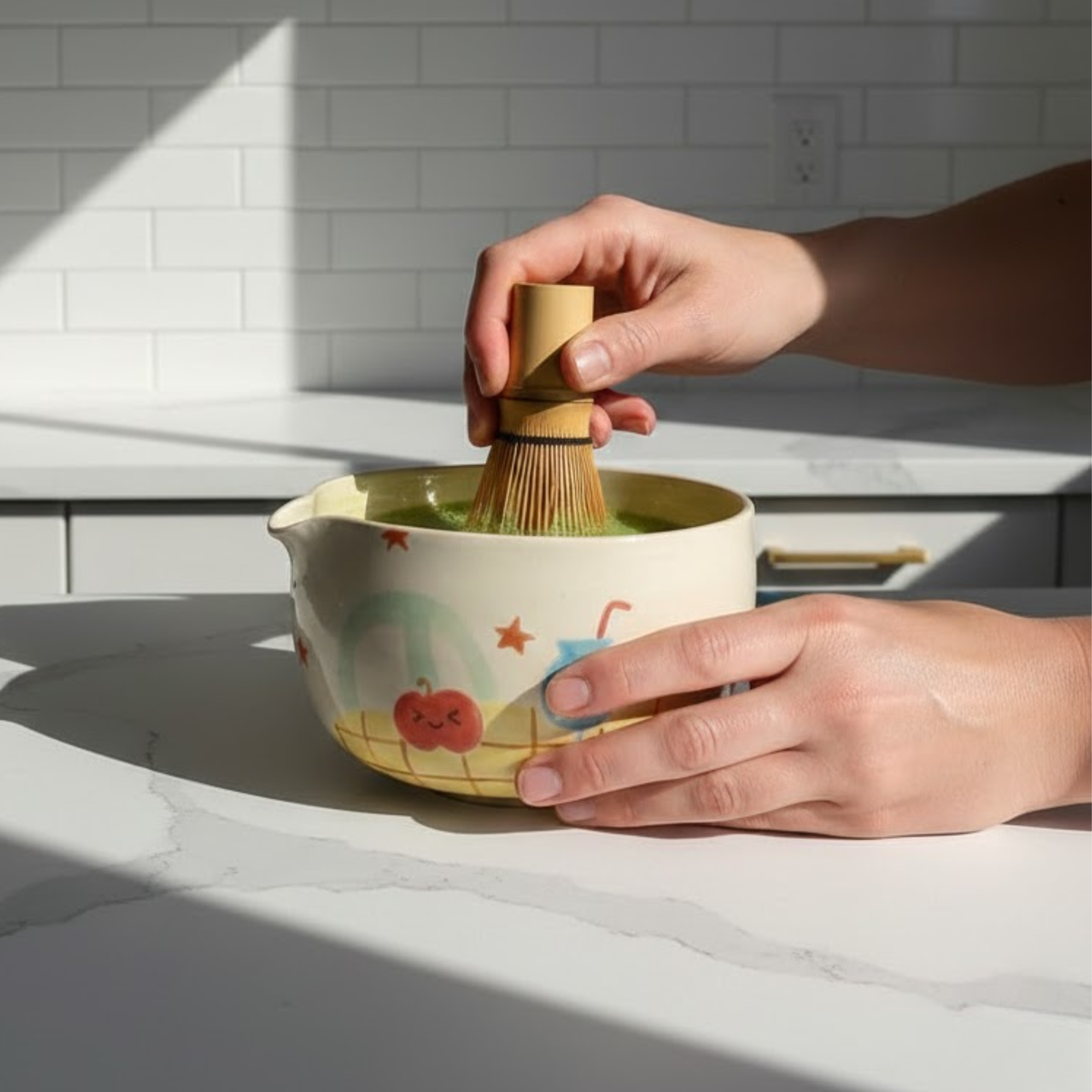 Handmade Cute Pudding & Cafe Ceramic Matcha Bowl Set | Kawaii Spouted Chawan & Whisk Holder • HX50