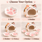 Cat Paw Ceramic Dipping Dish Set - Paw Shaped Sauce Plates & Cat Holder, Handmade Tableware.