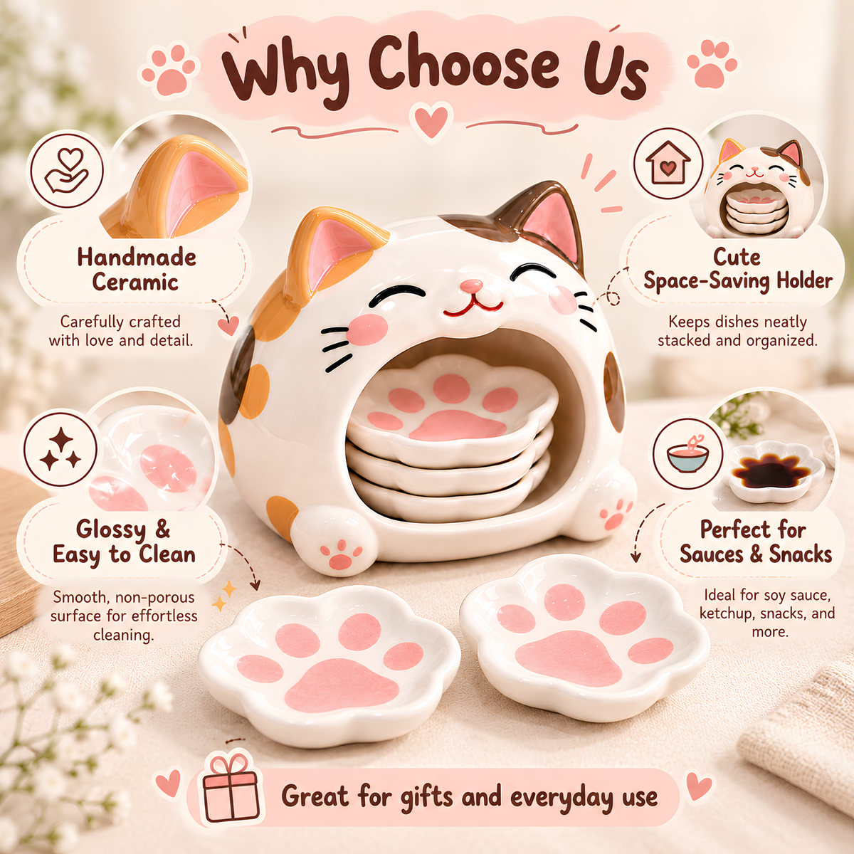 Cat Paw Ceramic Dipping Dish Set - Paw Shaped Sauce Plates & Cat Holder, Handmade Tableware.