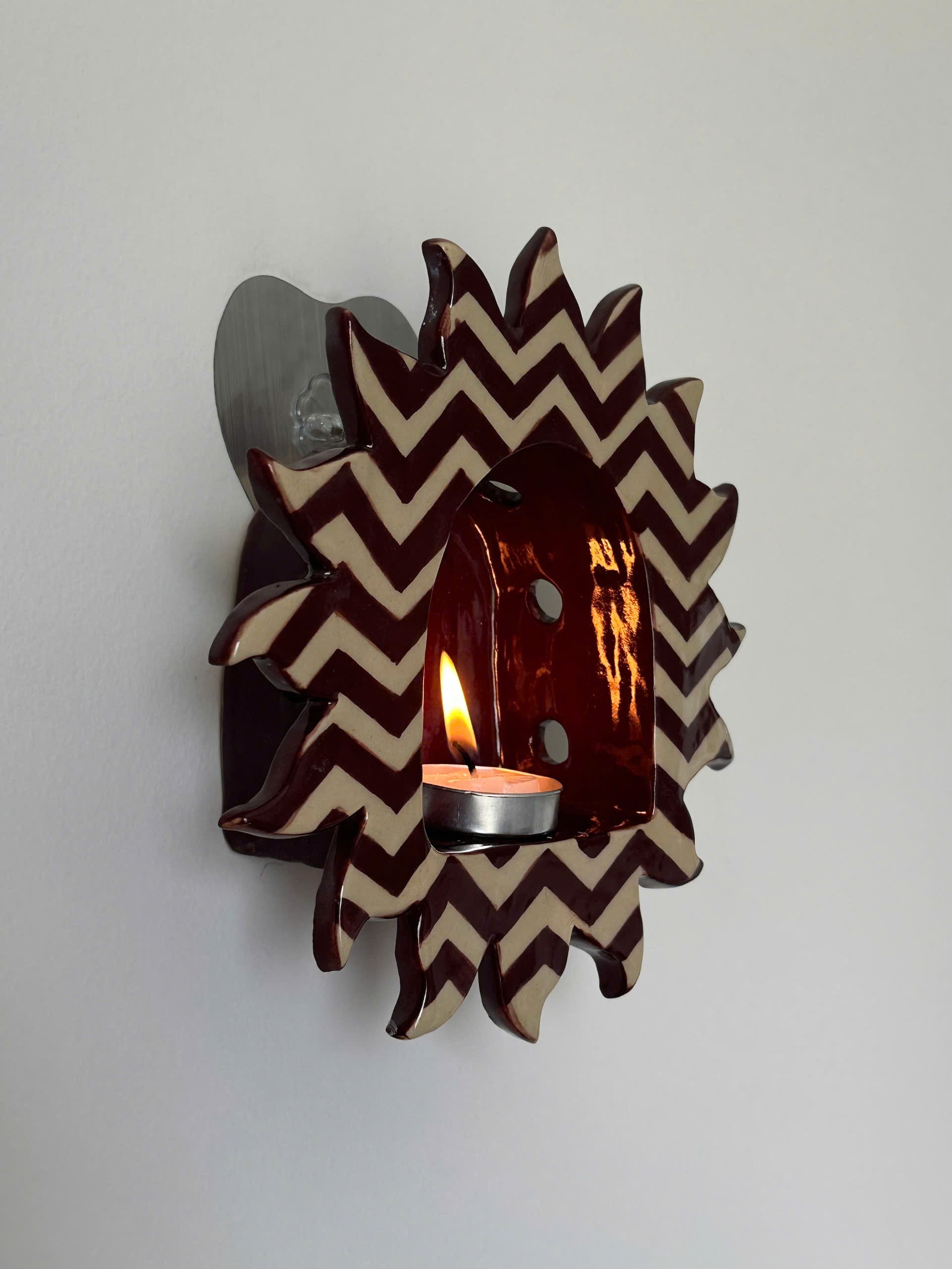 Handcrafted Red and White Checkerboard Sun Ceramic Wall Candle Sconce • HX36