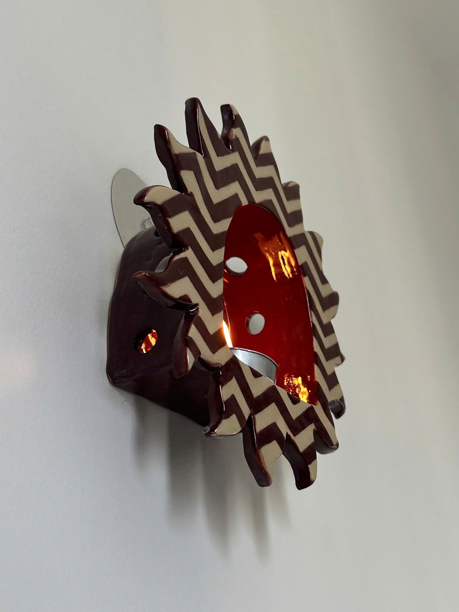 Handcrafted Red and White Checkerboard Sun Ceramic Wall Candle Sconce • HX36