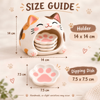 Cat Paw Ceramic Dipping Dish Set - Paw Shaped Sauce Plates & Cat Holder, Handmade Tableware.