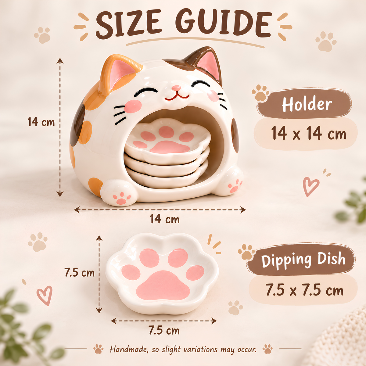 Cat Paw Ceramic Dipping Dish Set - Paw Shaped Sauce Plates & Cat Holder, Handmade Tableware.