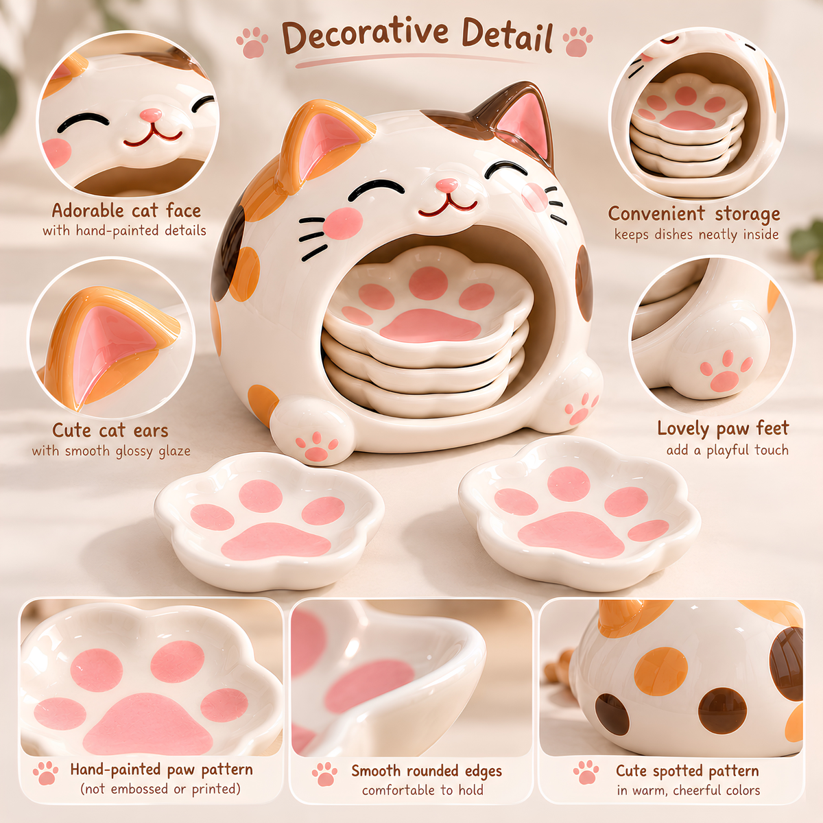 Cat Paw Ceramic Dipping Dish Set - Paw Shaped Sauce Plates & Cat Holder, Handmade Tableware.