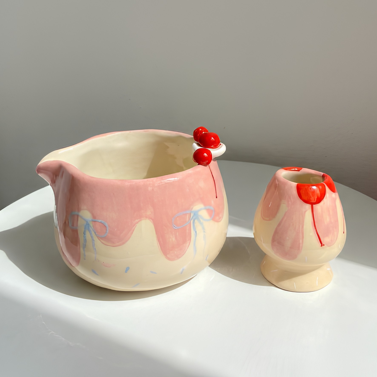 Handmade Pink Cherry Cake & Ribbon Bow Ceramic Matcha Bowl Set | Cute Spouted Chawan & Whisk Holder • HX51