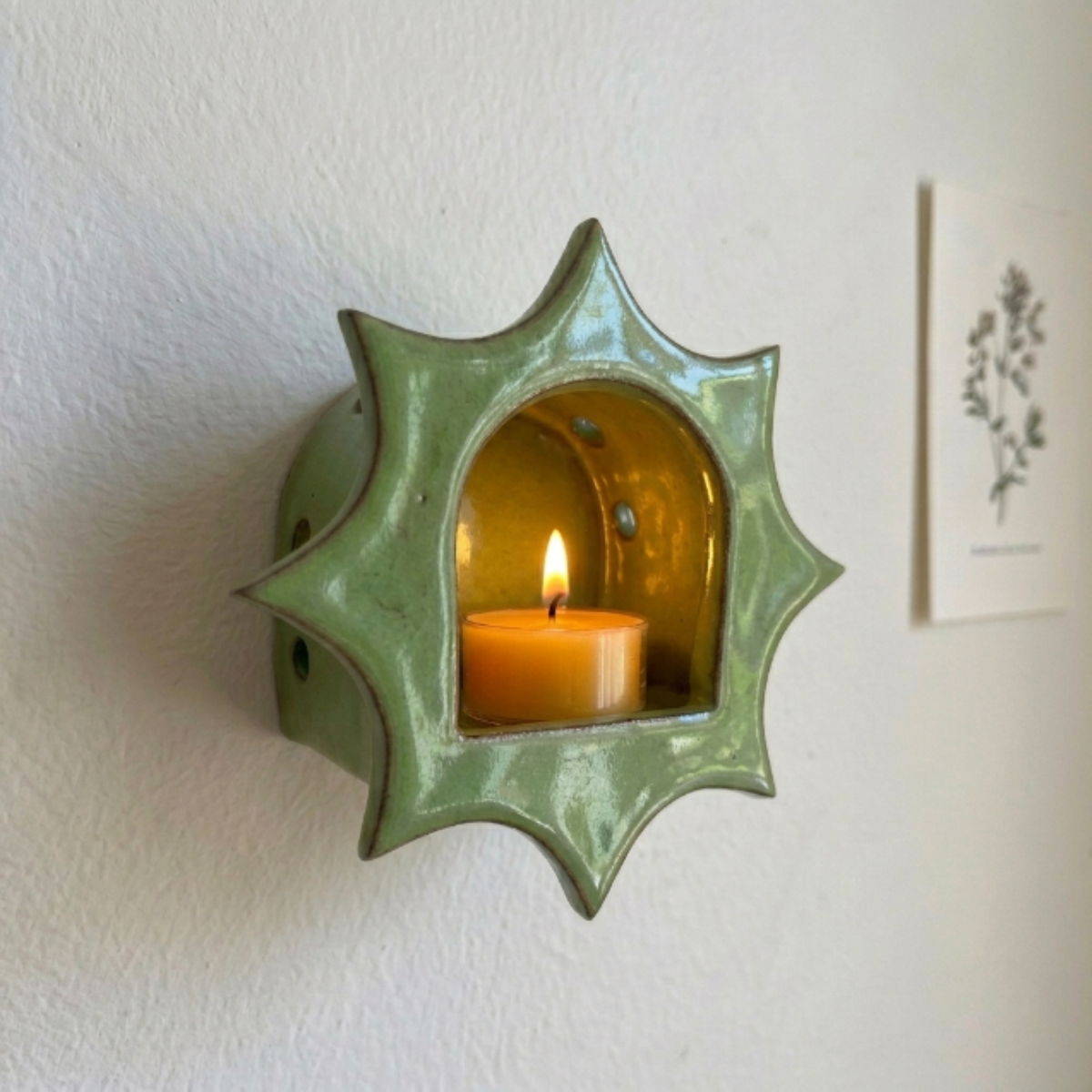 Mint Green Glossy Glaze Candle Holder – Celestial Boho Decor| LA112