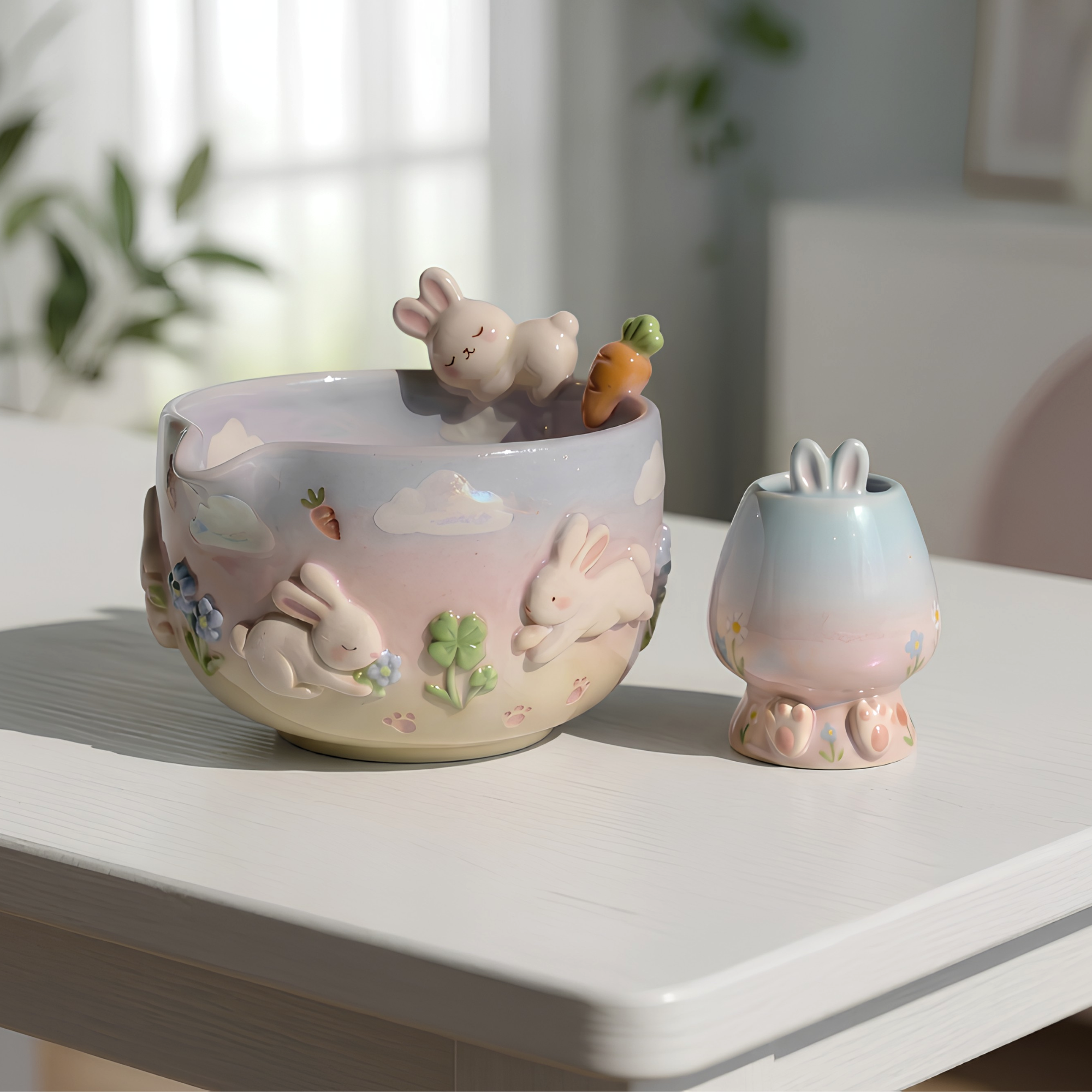 Ombre Bunny Carrot Matcha Bowl | Handmade Ceramic Chawan | LA023