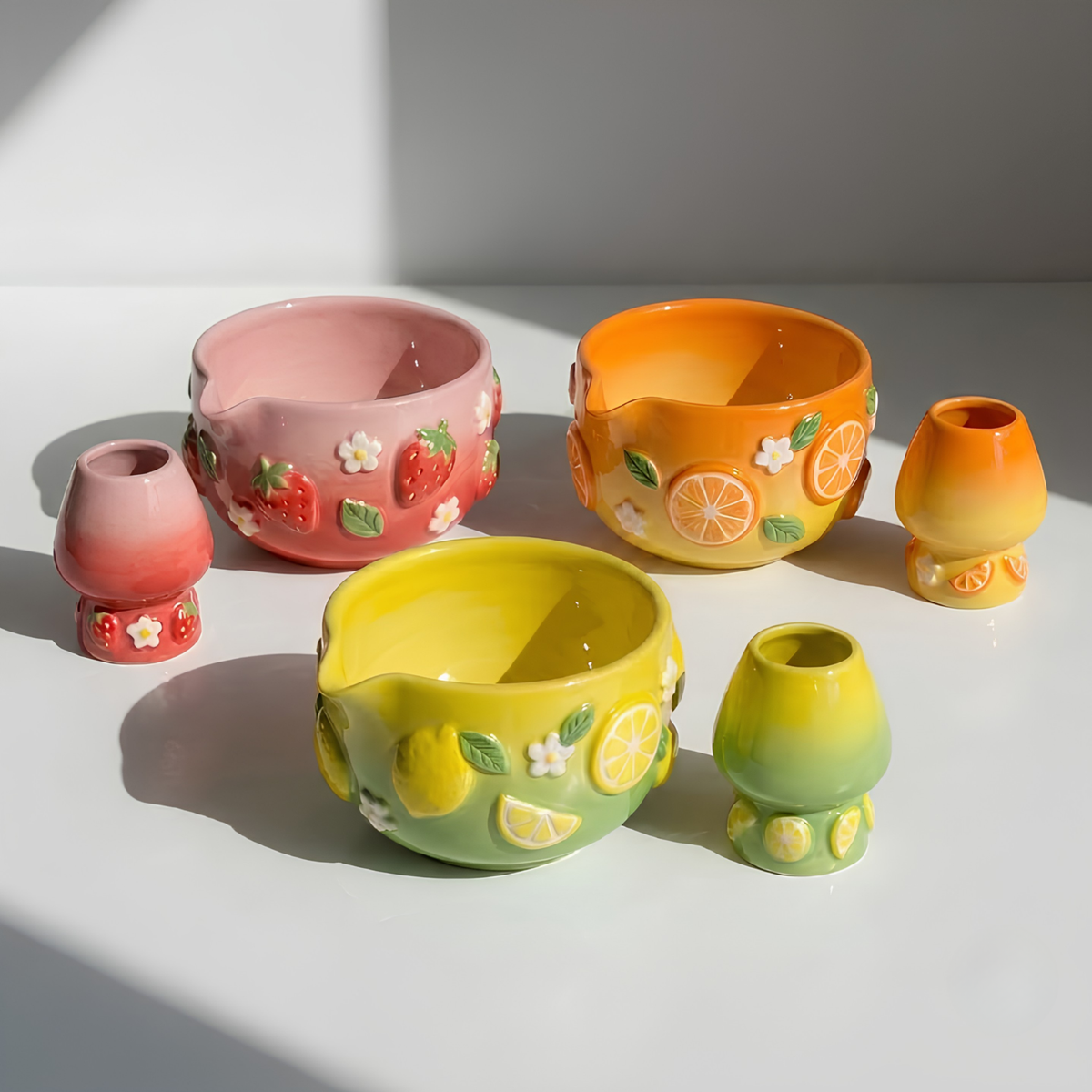 Fruit Matcha Bowl Set · Handmade Ceramic Chawan · Strawberry Orange Lemon · Cottagecore Fruit Gift · Kawaii Tea Set Pottery | LA047
