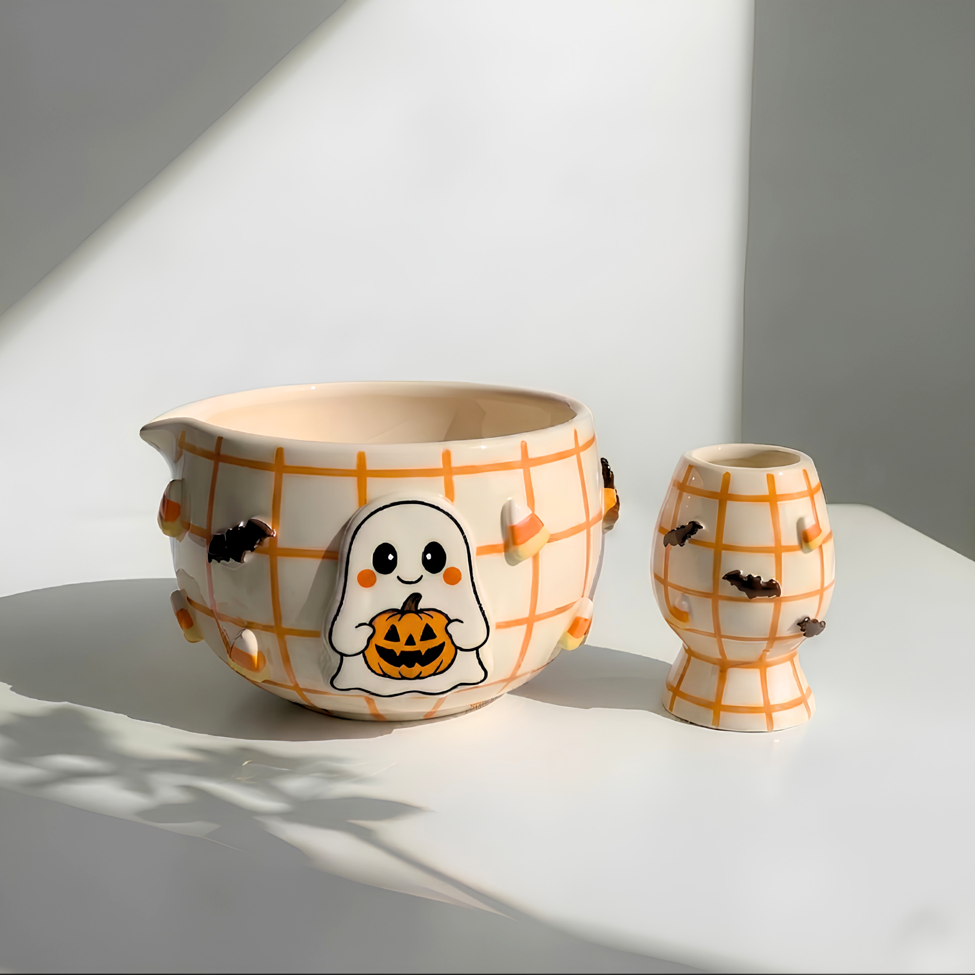 Handmade Halloween Matcha Bowl Set, Ghost Ceramic Chawan with Whisk Holder, Cute Pumpkin Matcha Bowl, Fall Tea Lover Gift | LA036