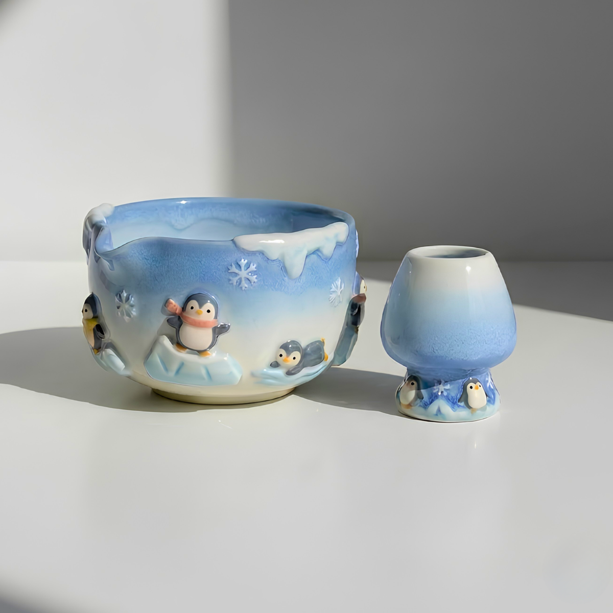 Penguin Matcha Bowl Set, Handmade Ceramic Chawan with Whisk Holder, Cute Winter Matcha Set, Arctic Penguin Gift, Matcha Lover Gift | LA051