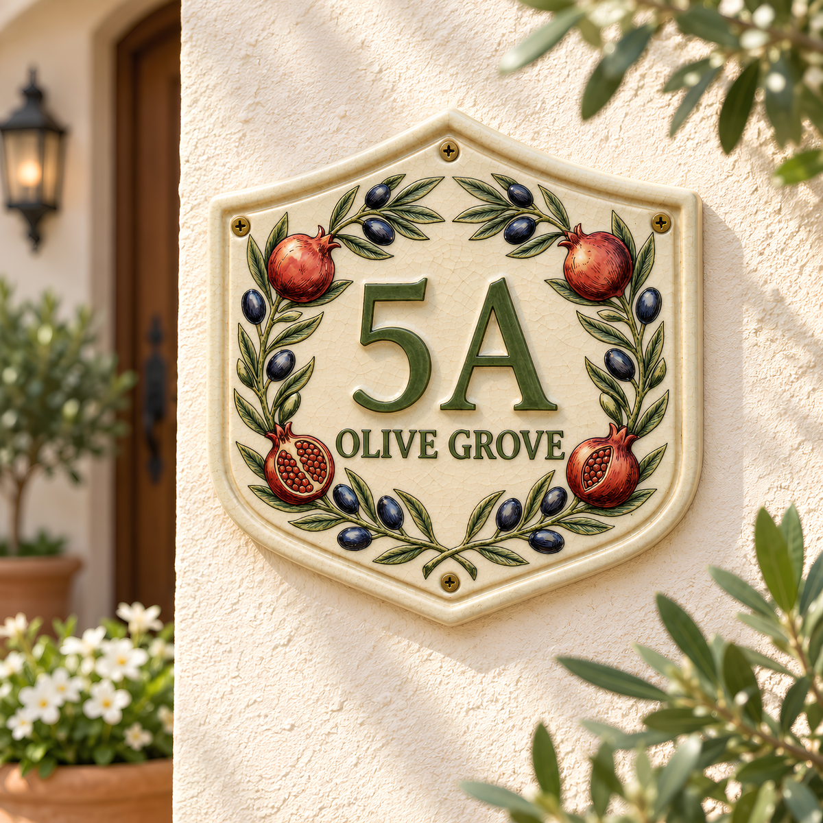 Personalized Ceramic House Number Sign - Olive & Pomegranate Address Plaque, Handmade Mediterranean Wall Decor