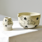 Minimalist Bunny Star Hand-Painted Ceramic Matcha Bowl and Whisk Holder Set • HX06