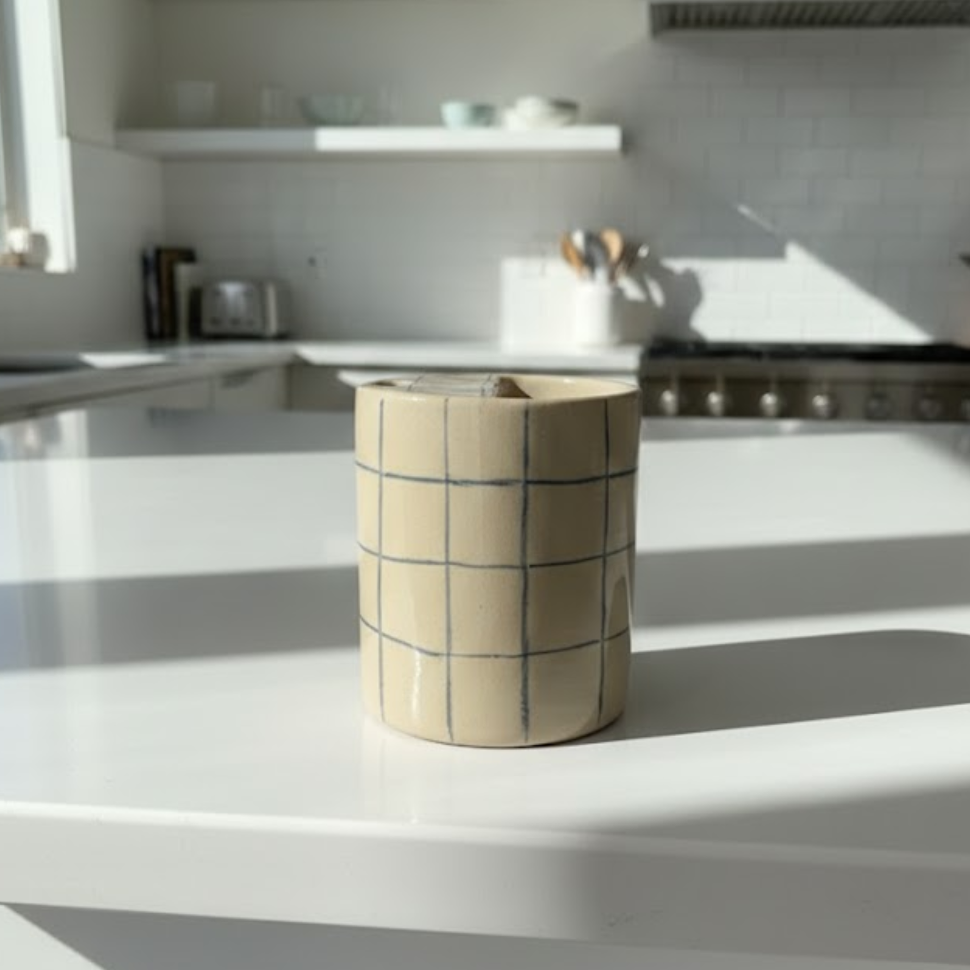 Handcrafted Ceramic Travel Mug with Built-in Lid, Minimalist Blue Grid Commuter Coffee Cup • HX09