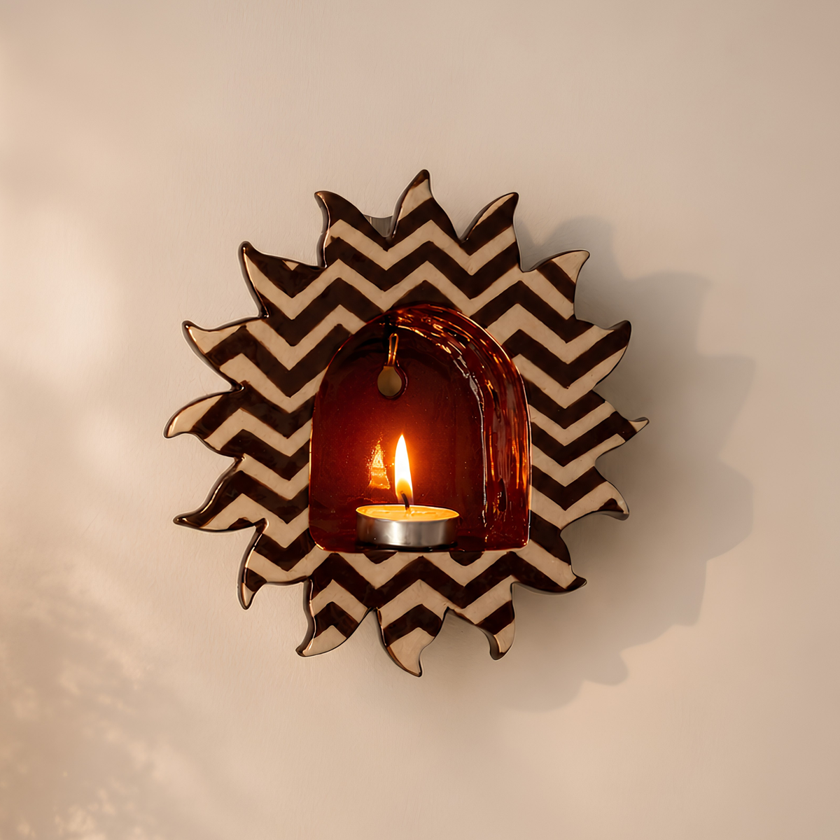Handcrafted Red and White Checkerboard Sun Ceramic Wall Candle Sconce • HX36