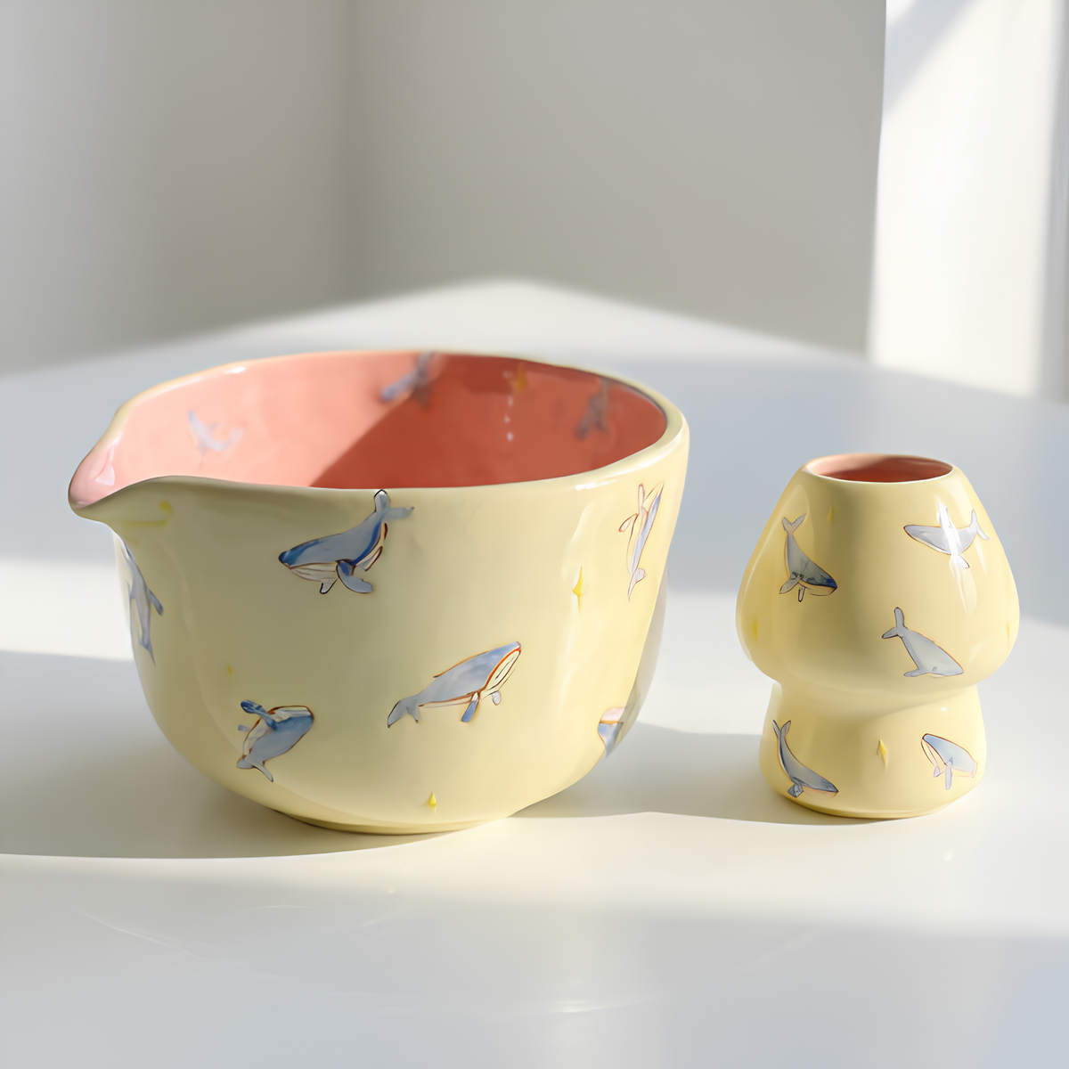 Handmade Blue Whale Ceramic Matcha Bowl Set | Pastel Yellow Spouted Chawan & Whisk Holder • HX53