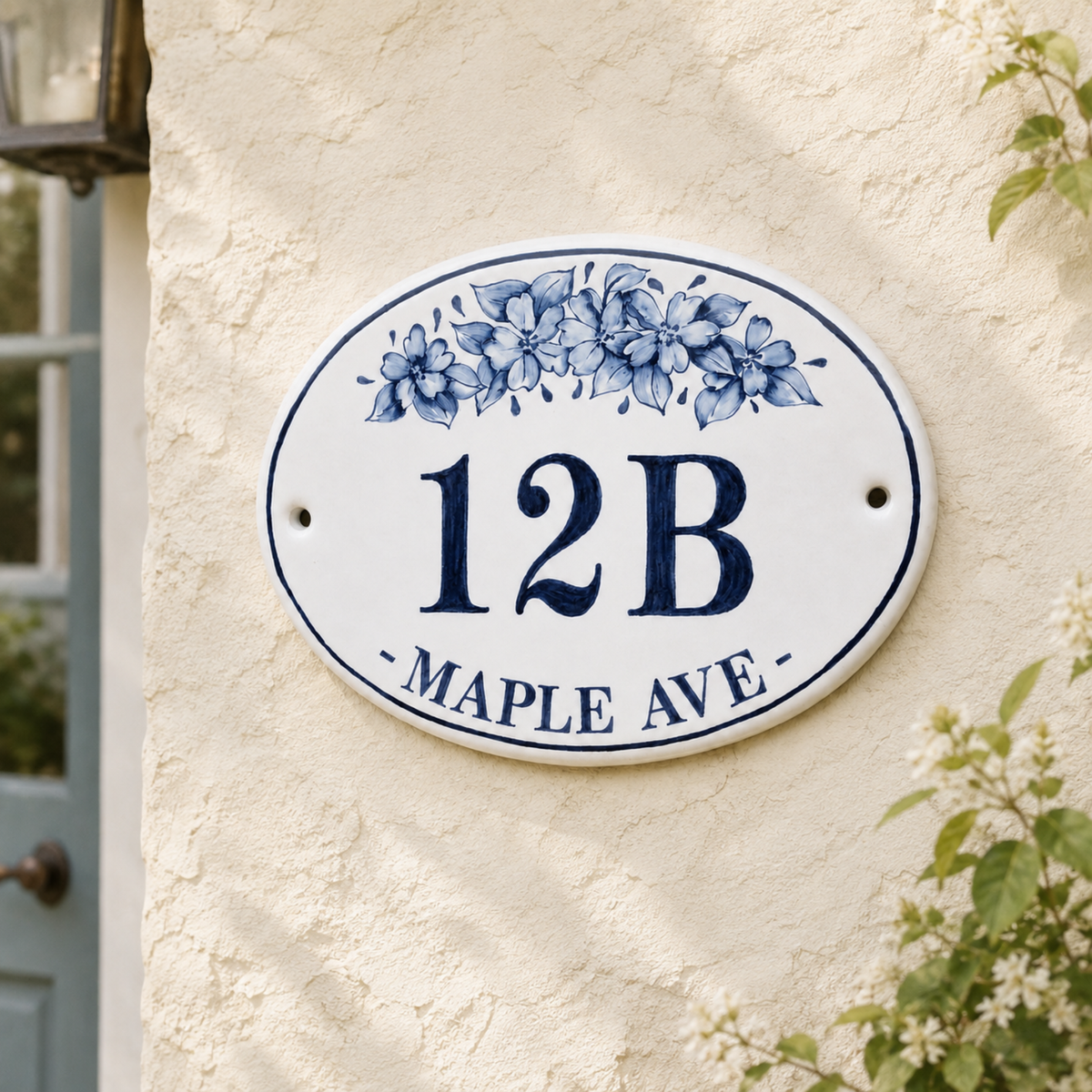 Personalized Ceramic House Number Sign, Hand Painted Blue Floral Address Plaque, Custom Street Name Sign, Cottage Home Decor - NN