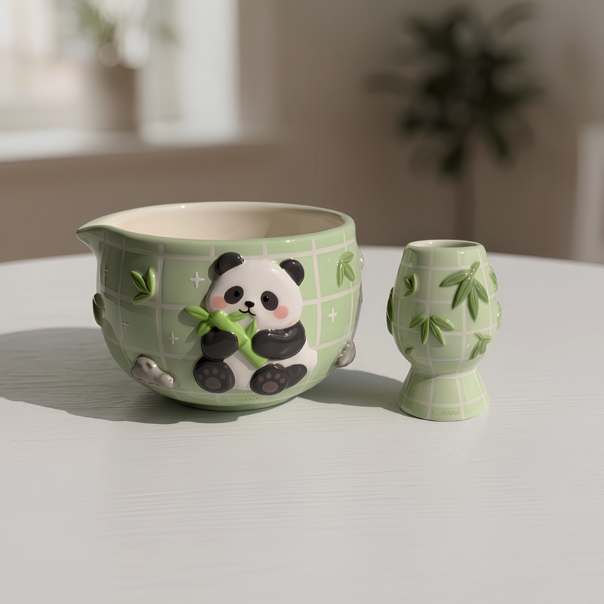 Grid Panda Matcha Bowl Set, Handmade Magic Ceramic Chawan, Whimsical Tea Bowl, Fantasy Matcha Gift | Handmade Ceramic Chawan | LA032