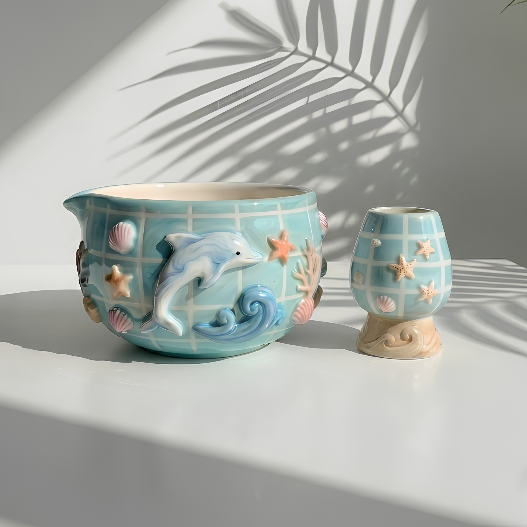 Grid Dolphin Matcha Bowl Set | Handmade Matcha Bowl Set | LA039