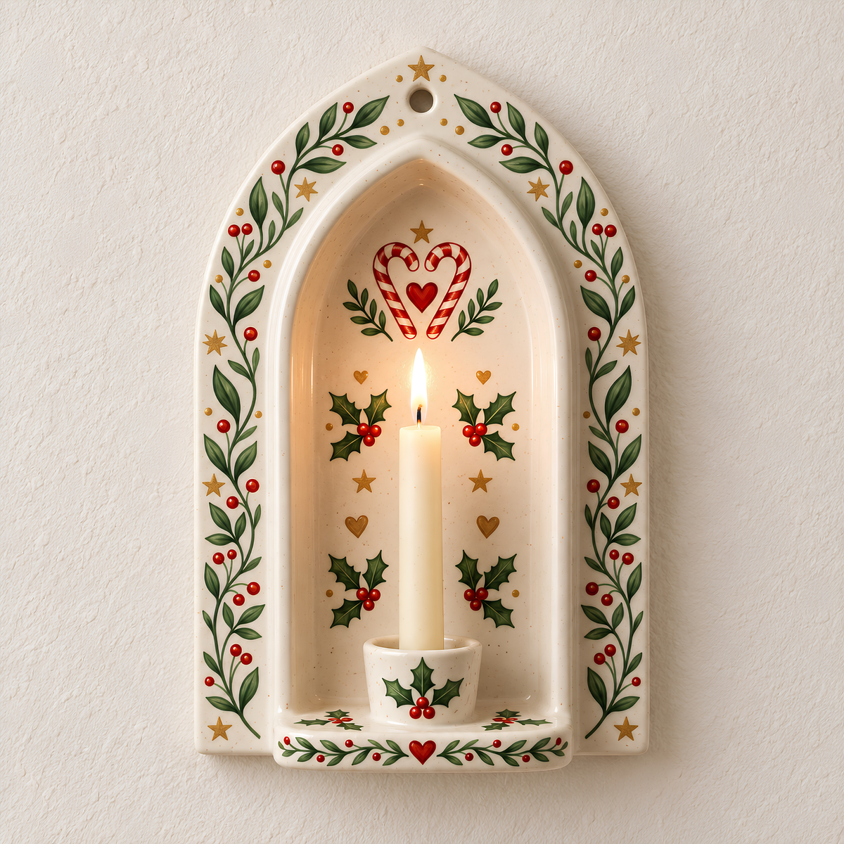 Christmas Ceramic Wall Candle Holder - Taper Sconce, Hand Painted Holly & Candy Cane Pottery Decor, Holiday Housewarming Gift