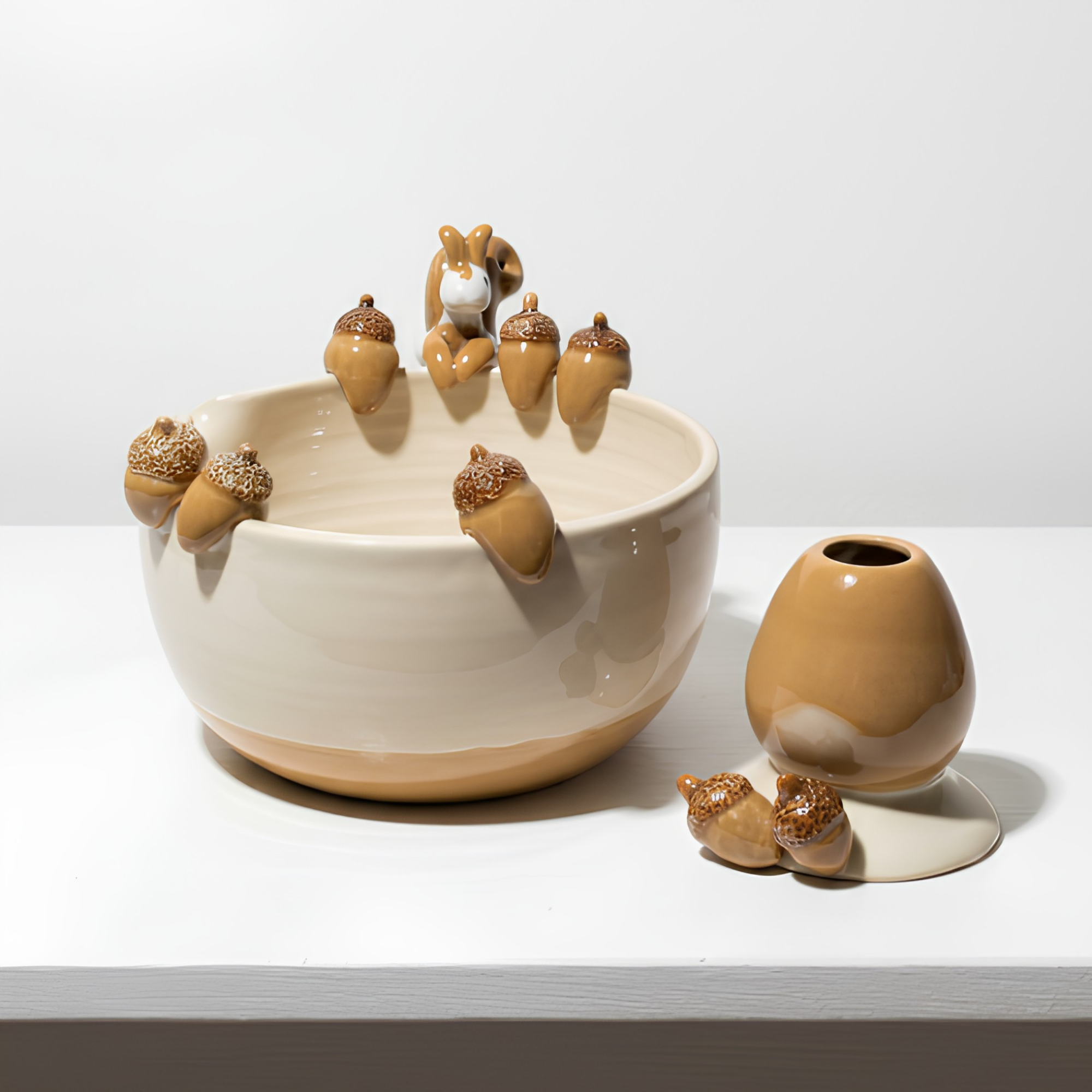Autumn Forest Squirrel & Acorn 3D Handcrafted Ceramic Matcha Bowl and Whisk Holder Set • HX17