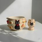 Grid Cute Cat Matcha Bowl | Handmade Ceramic Chawan | LA019