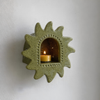 Handmade Ceramic Sun Wall Candle Holder, Green Speckled Sconce, Cozy Cottagecore Decor | LA113