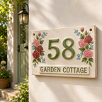 Personalized Ceramic House Number Sign – Hand-Painted Rose Address Plaque - NN