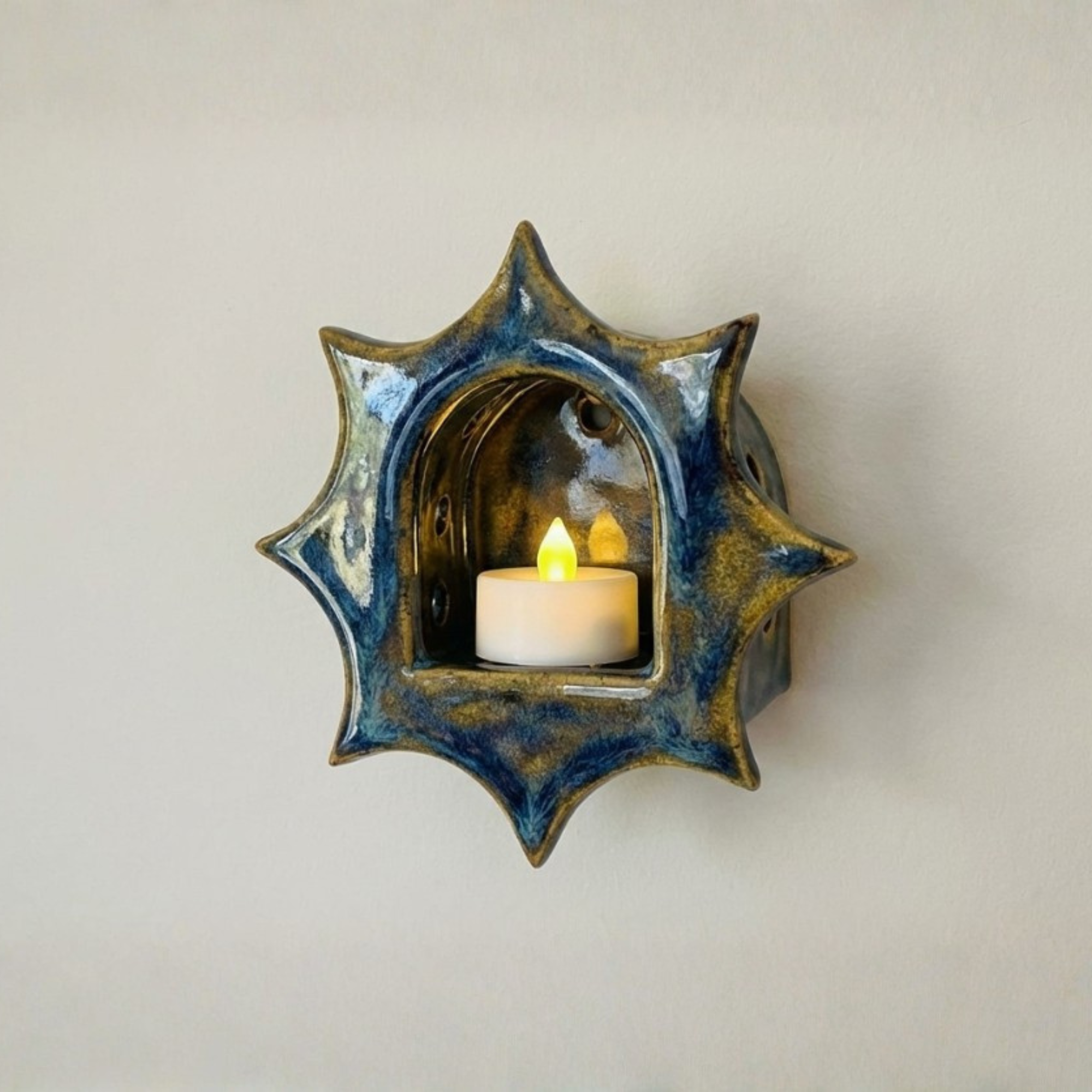 Blue Drip Glaze Candle Holder – Celestial Boho Home Decor | LA111