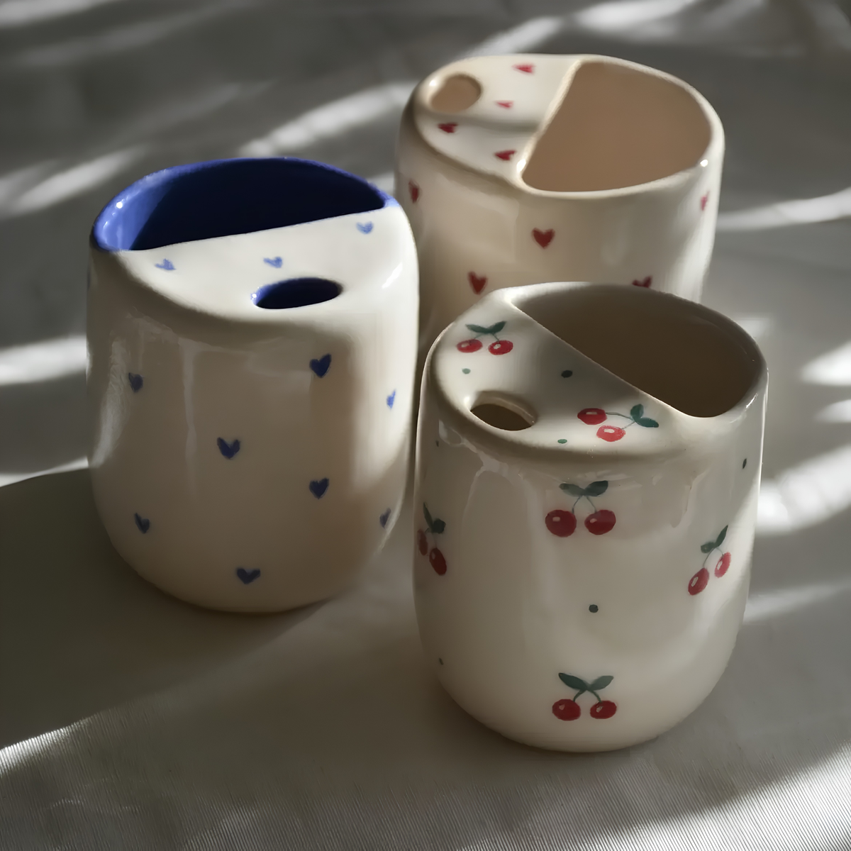Handmade Ceramic Travel Mug, Reusable Coffee Cup with Built-in Lid, Cherry Cottagecore Mug, Eco Friendly Gift | LA039