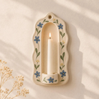 Ceramic Wall Candle Holder, Hand Painted Blue Floral Sconce, Vintage Cottagecore Taper Candle Decor, Farmhouse Wall Accent | LA140