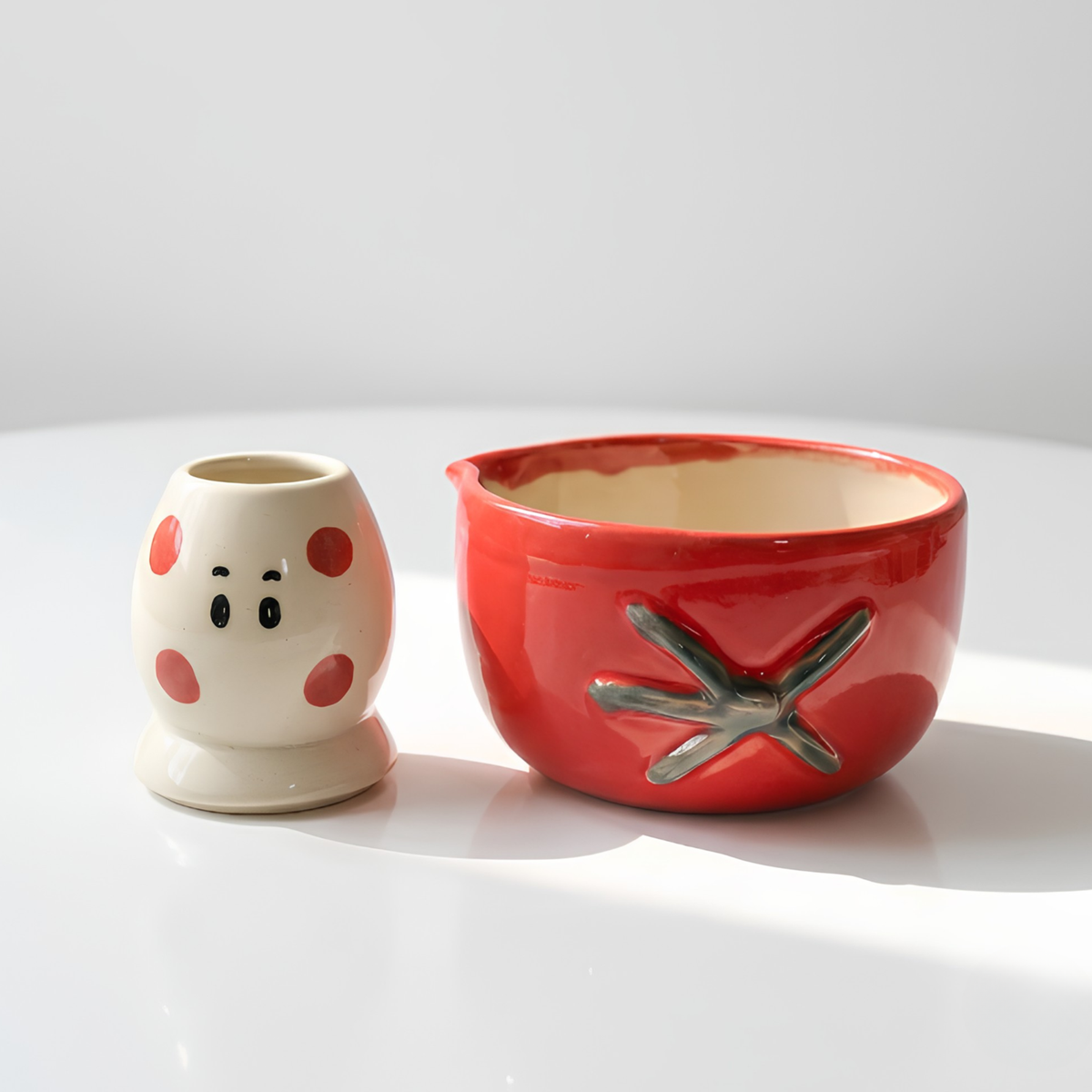 Handmade Red Tomato Ceramic Matcha Bowl Set | Cute Spouted Chawan & Polka Dot Whisk Holder • HX52