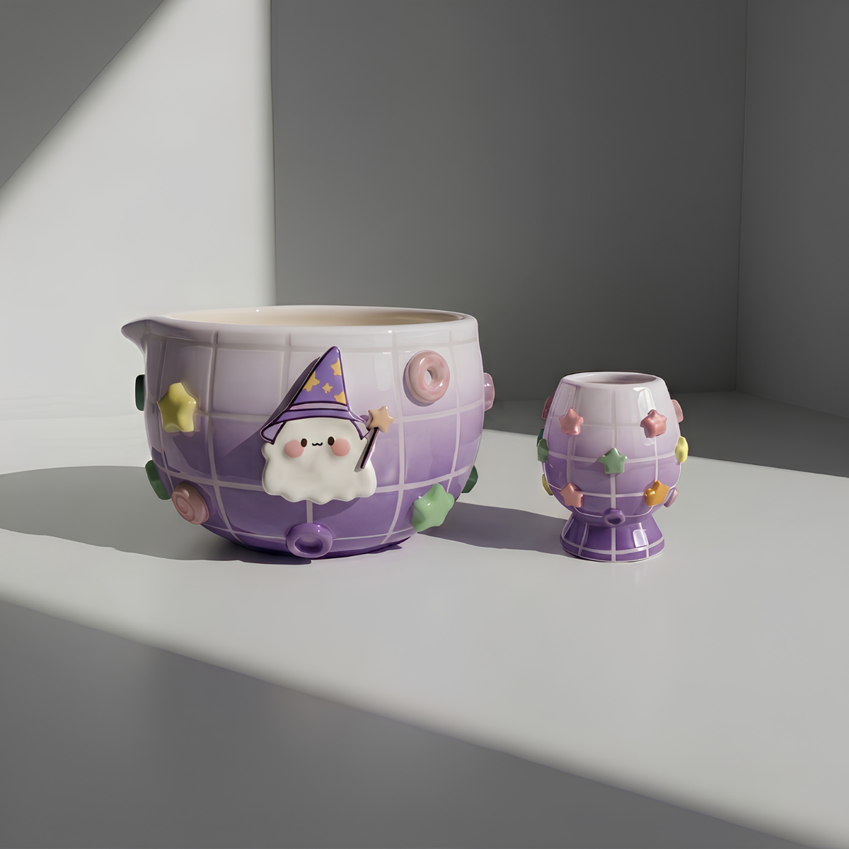 Kawaii Wizard Ghost Matcha Bowl Set | Handmade Ceramic Purple Gingham Whisk Holder | Cute Candy Star Chawan | Pastel Halloween Tea Gift | LA055
