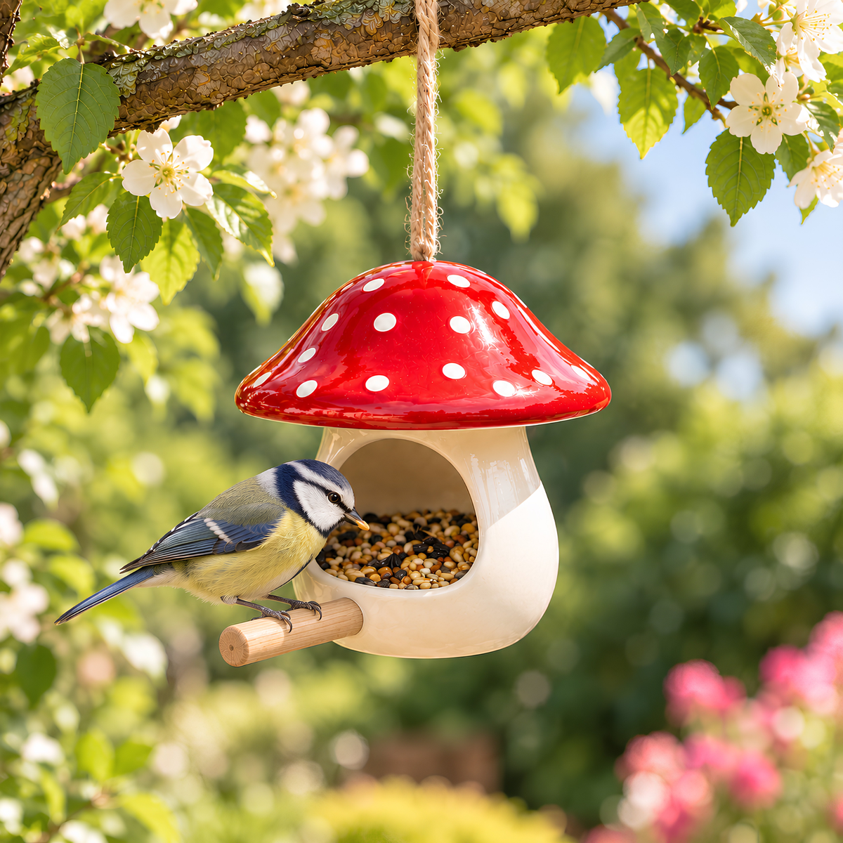 Mushroom Ceramic Bird Feeder - Hanging Seed Holder with Perch, Handmade Ceramic Garden Decor