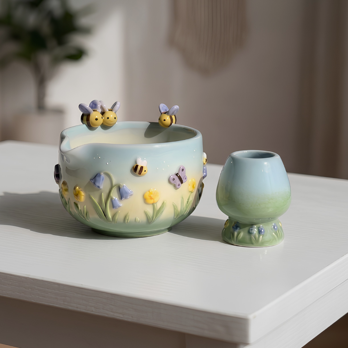 Spring Meadow Matcha Bowl Set | Handmade Ceramic Bee Butterfly Whisk Holder | Ombre Floral Chawan | Cute Garden Gift for Tea Lovers | LA054