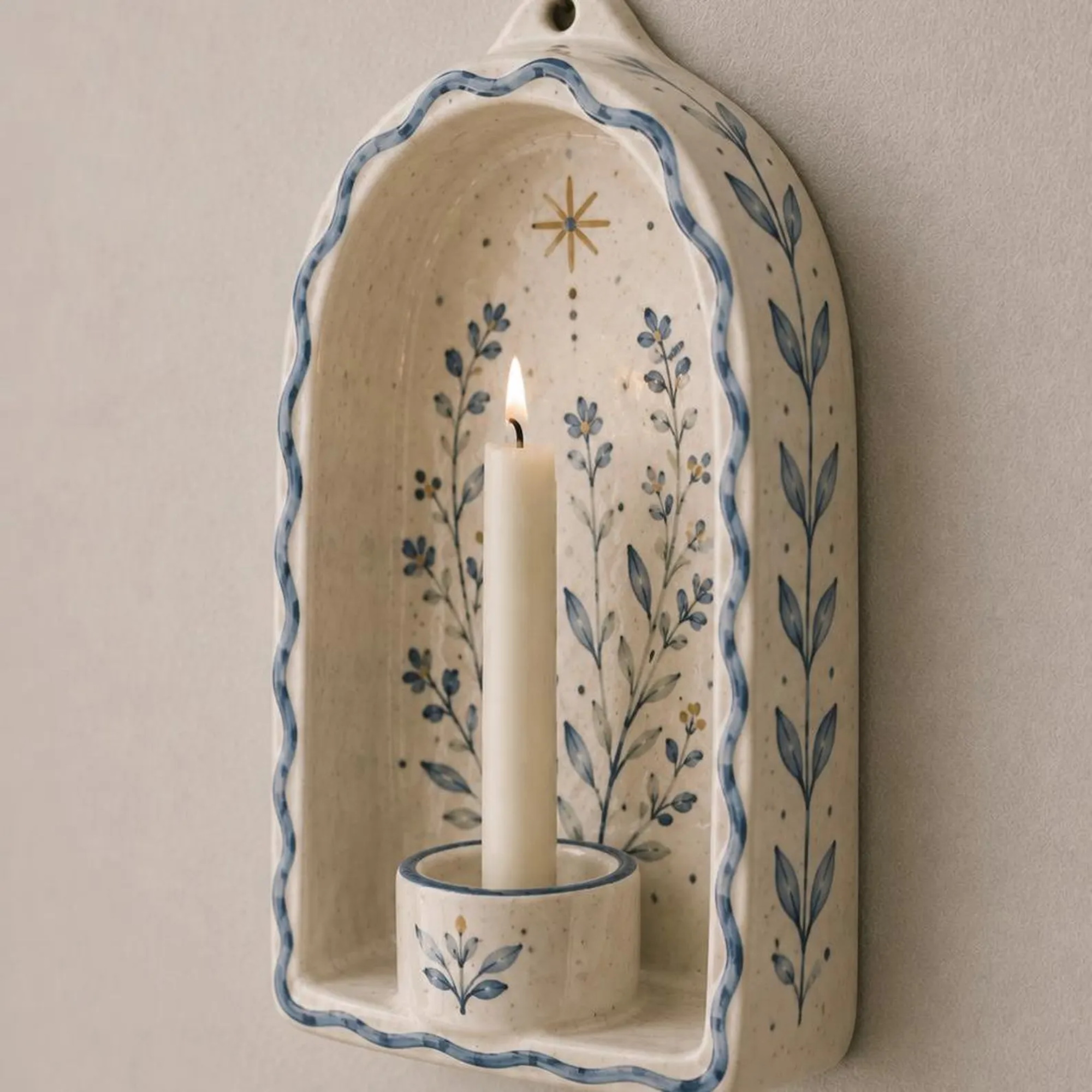 Ceramic Wall Candle Holder, Blue Floral Wall Sconce, Cottagecore Decor, Rustic Wall Decor | LA141