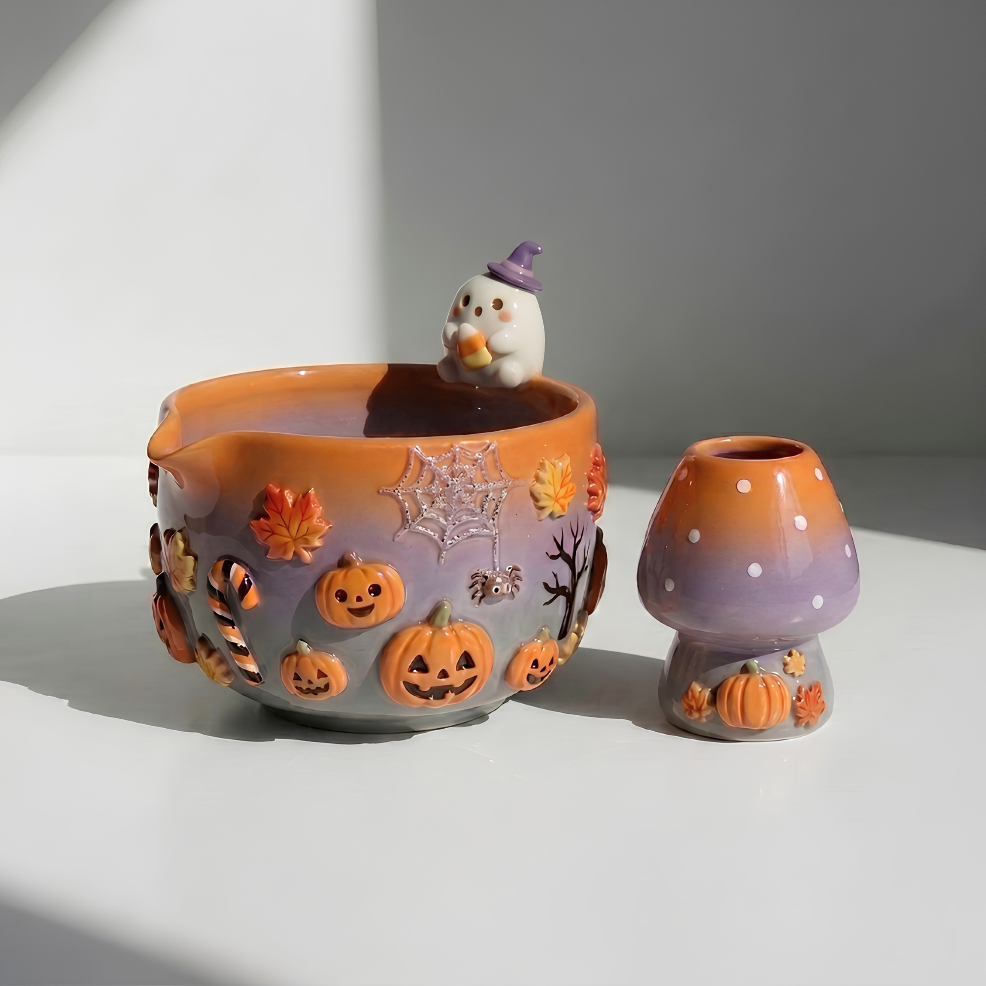 Ombre Halloween Matcha Bowl, Handmade Ceramic Matcha Set, Pumpkin Ghost Chawan with Whisk Holder | LA041