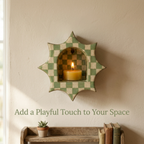 Handmade Checkerboard Ceramic Wall Candle Holder, Sunburst Silhouette, Cottagecore Decor | LA110