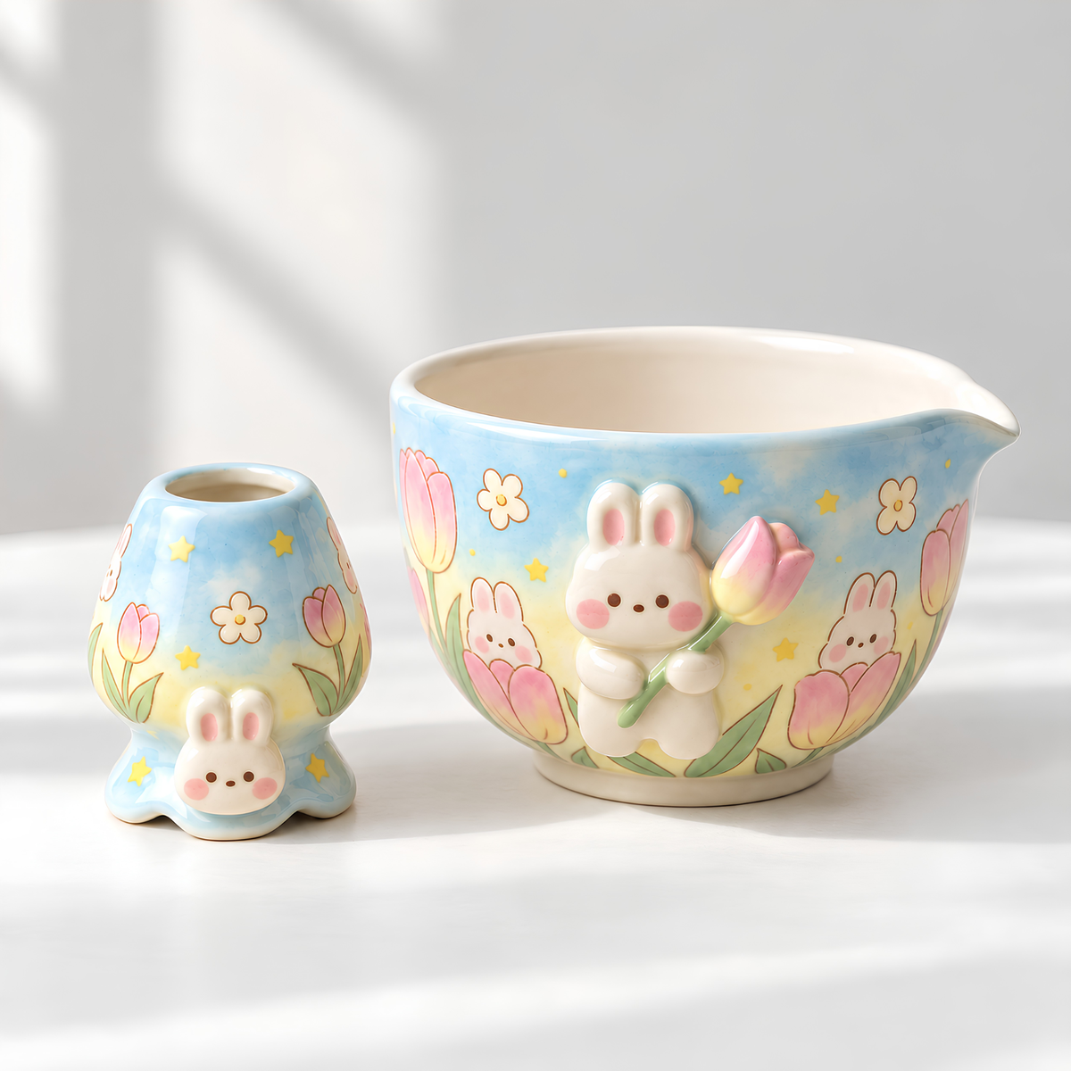 Bunny Tulip Matcha Bowl Set, Spouted Chawan & Whisk Holder, Handmade Ceramic Tea Set, Kawaii Gift for Bunny & Matcha Lovers
