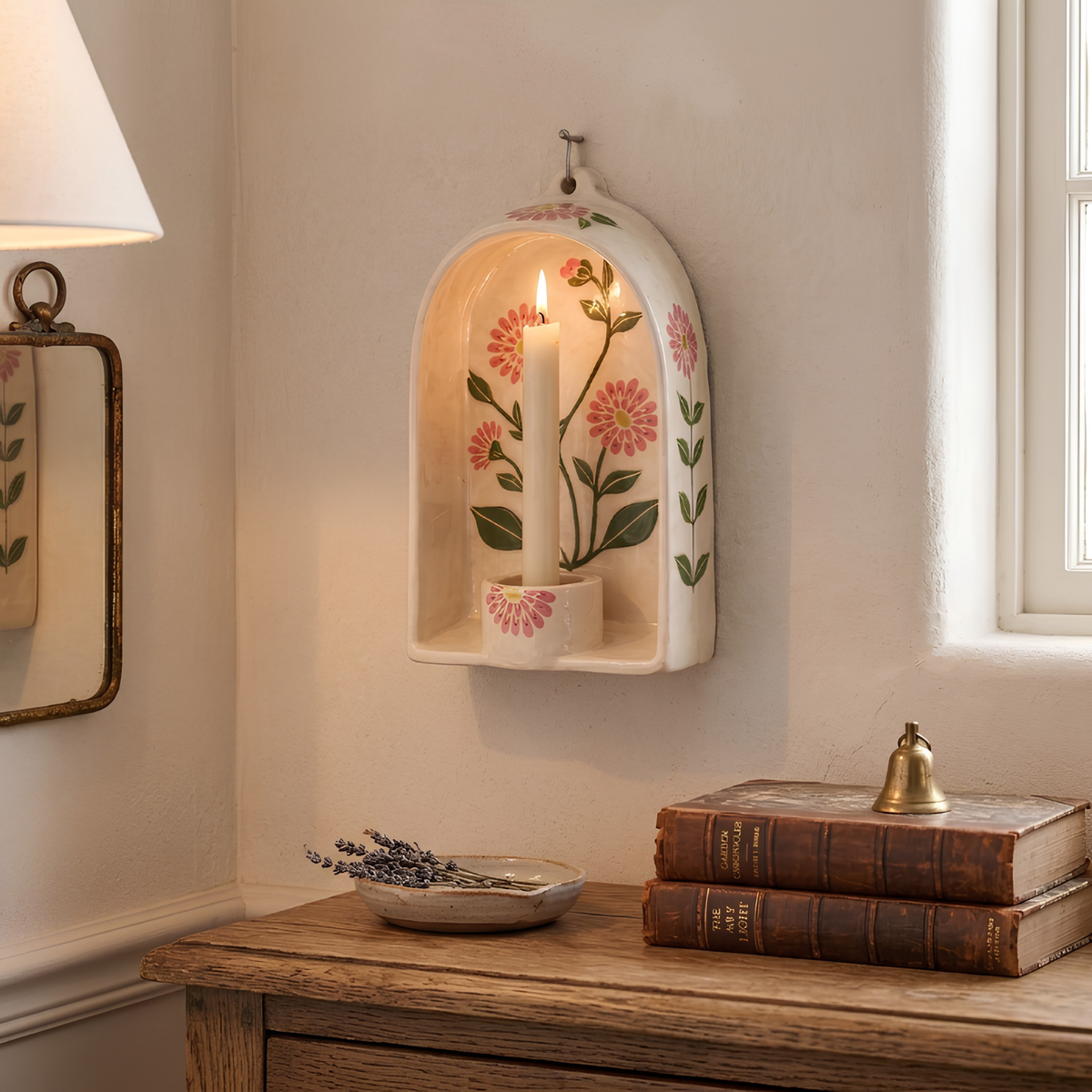 Wall Candle Holder, Ceramic Wall Sconce, Floral Handmade Decor, Taper Candle Holder, Housewarming Gift | LA137