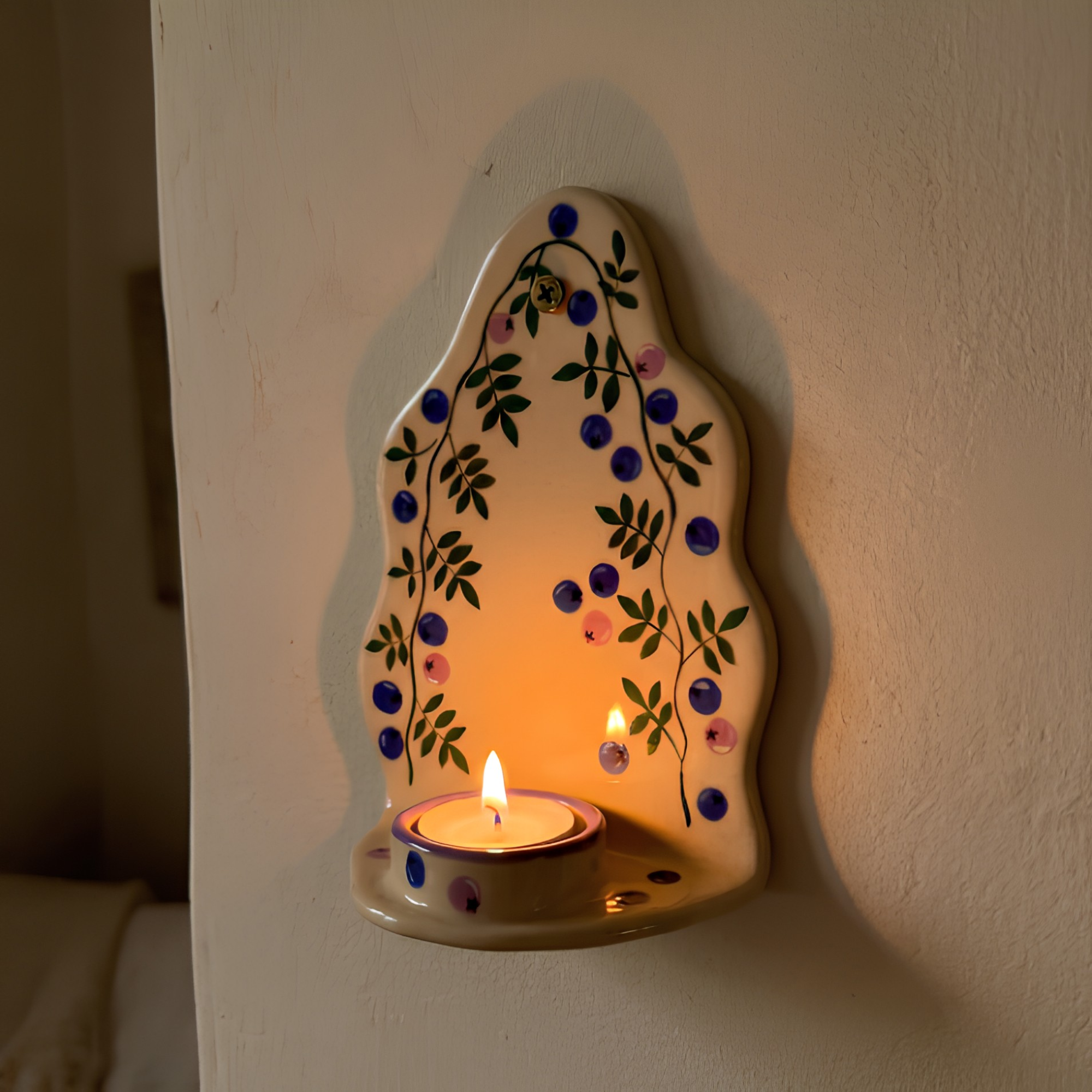 Handcrafted Blueberry Ceramic Wall Candle Sconce, Hand-painted Botanical Tealight Holder, Cute Cottagecore Home Decor • HX39