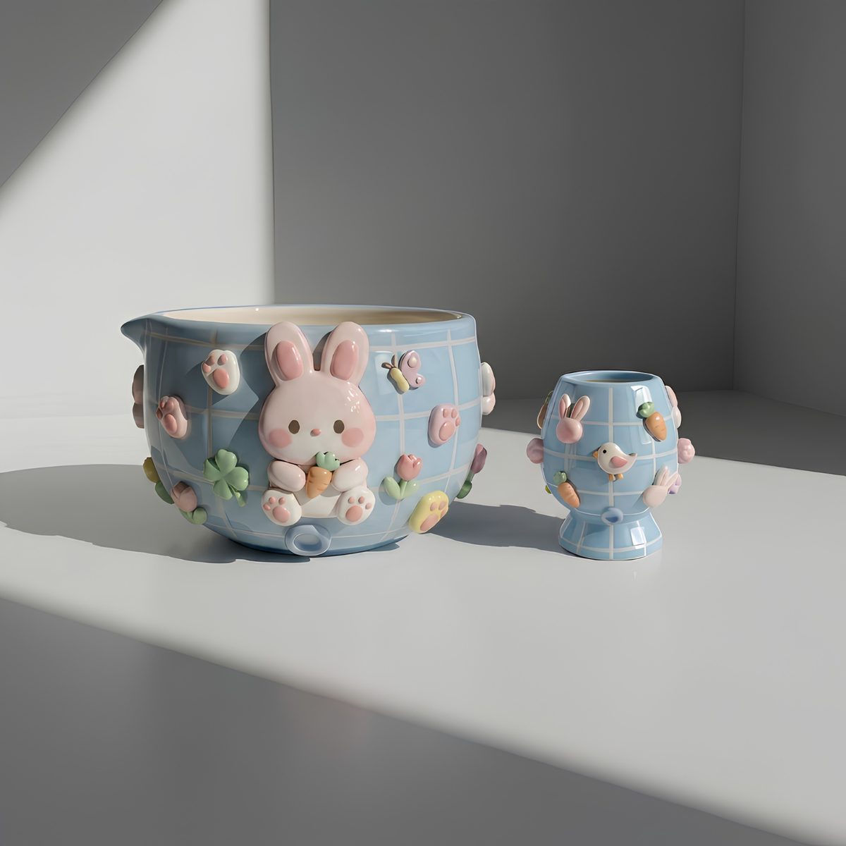 Grid  Mint Blue Bunny Matcha Bowl | Handmade Ceramic Chawan | LA028
