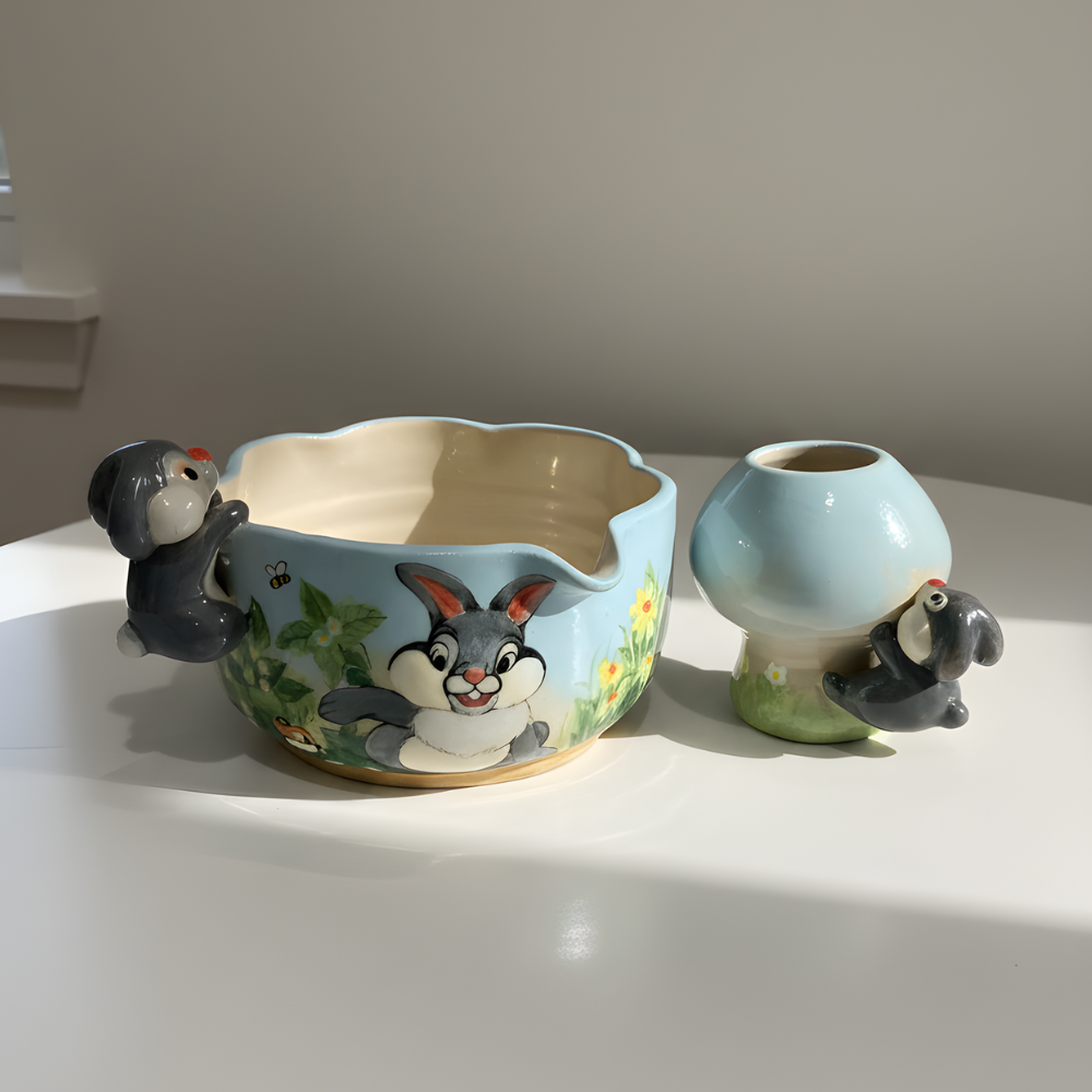 Fairytale Bunny Garden 3D Handcrafted Ceramic Matcha Bowl and Mushroom Whisk Holder Set • HX05