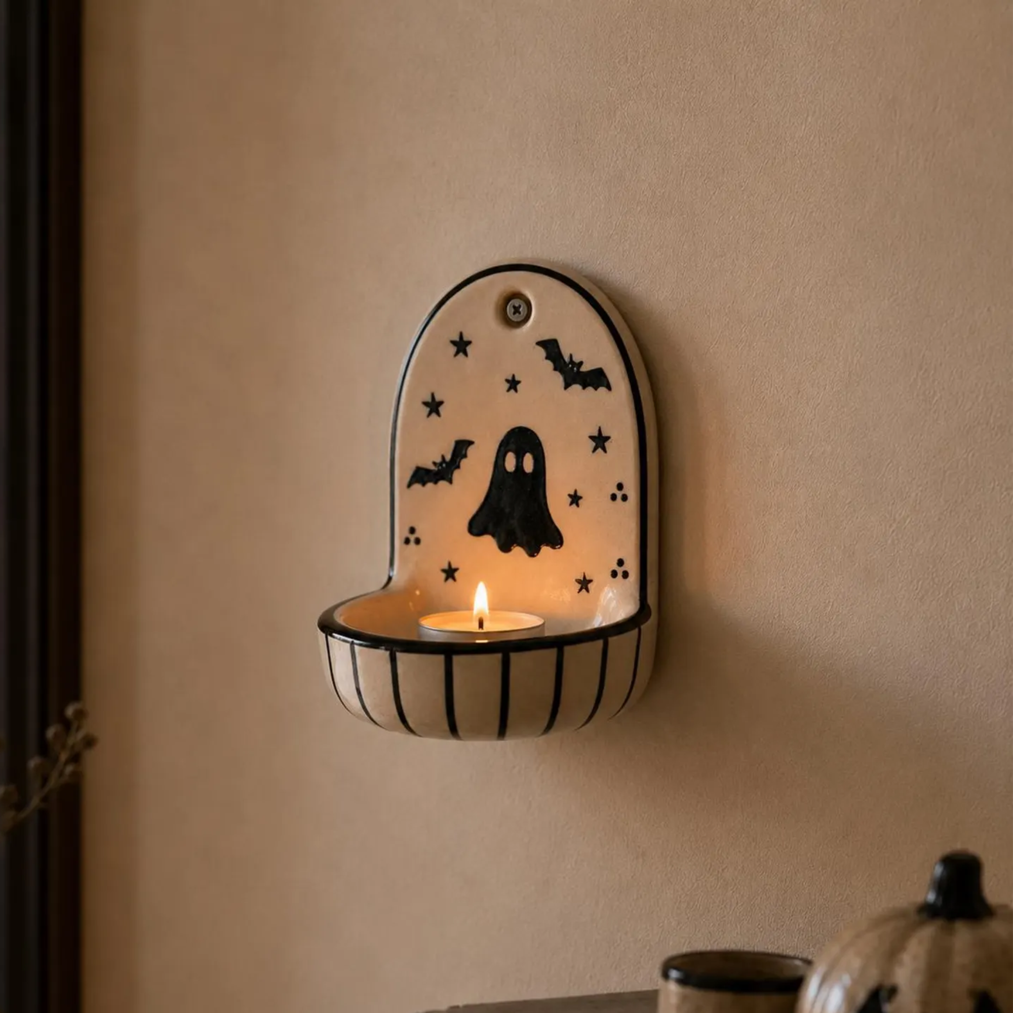 Handmade Ceramic Halloween Ghost Wall Sconce Candle Holder • HX48