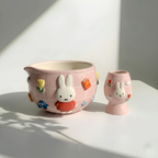 Grid Pink Bunny Matcha Bowl | Handmade Ceramic Chawan | LA024