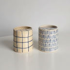 Handcrafted Ceramic Travel Mug with Built-in Lid, Minimalist Blue Grid Commuter Coffee Cup • HX09