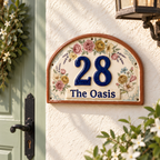 Personalized Floral Ceramic House Number Sign - Custom Address Plaque, Handmade Cottage Door Decor.