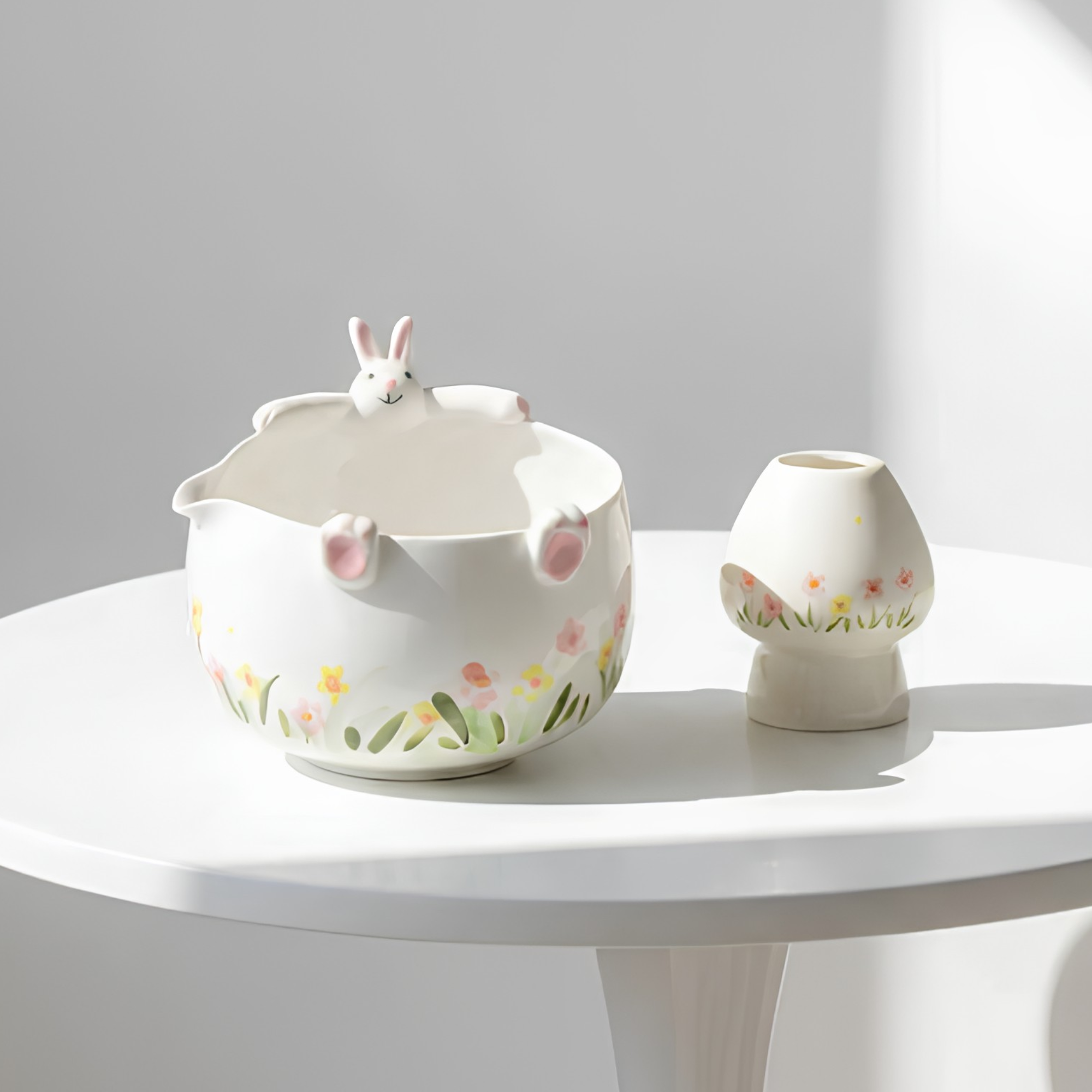 White Bunny Hug 3D Handcrafted Ceramic Matcha Bowl and Floral Whisk Holder Set • HX11