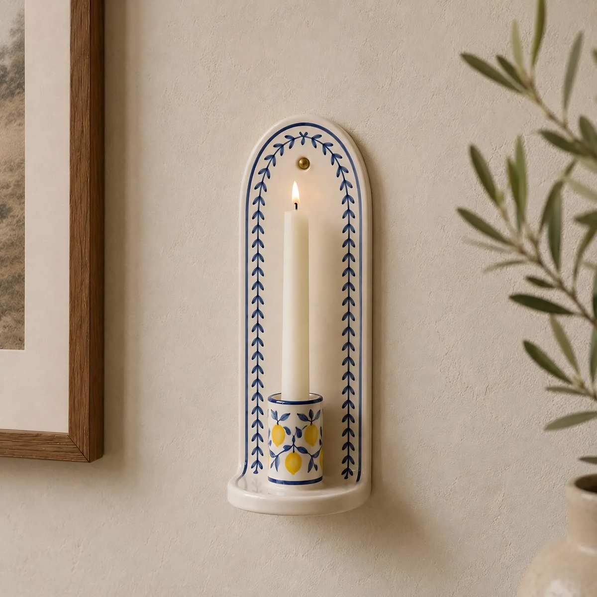Lemon Wall Candle Holder, Handmade Ceramic Wall Sconce, Mediterranean Wall Decor, Italian Kitchen Decor, Blue White Decor | LA123